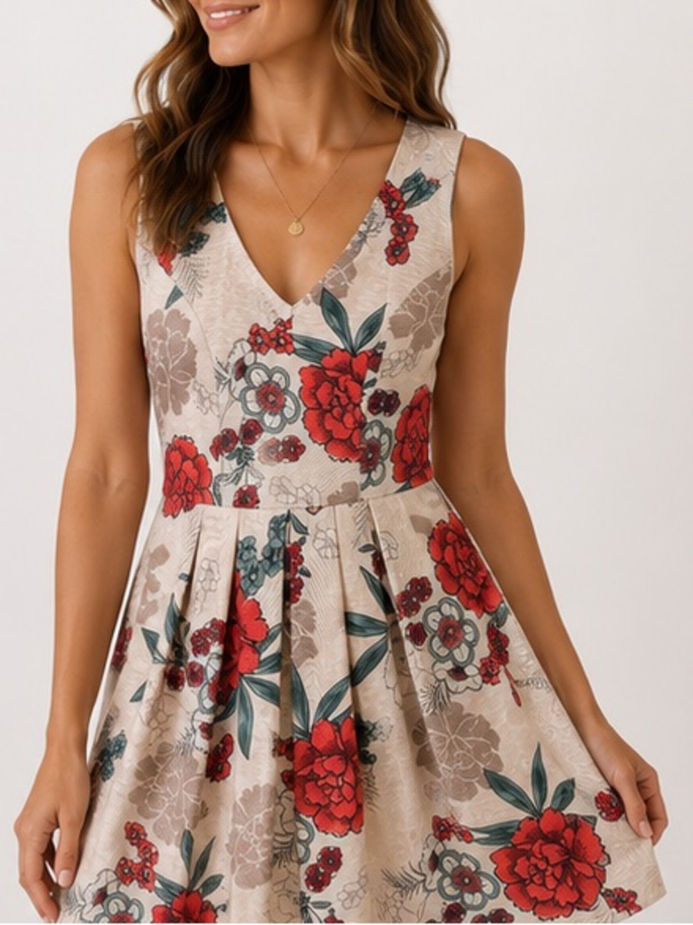 ModCloth Floral Fit & Flare Dress Cream Red Sleeveless V-Back Size Medium